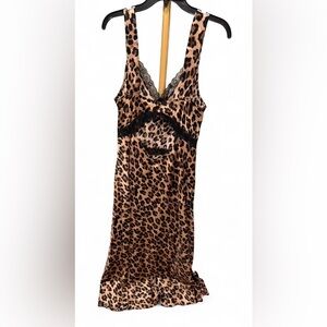 Leopard Print Satin Slip Dress with Black Lace Trim